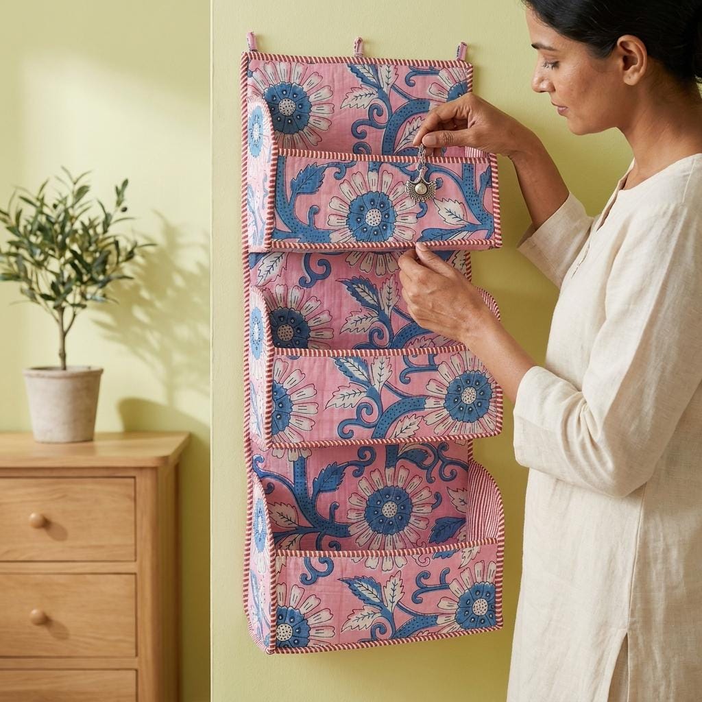 Pink Blue Floral Quilted Cotton Hanging Wall Organizer, Handcrafted Tiered Pocket Fabric Mail Storage