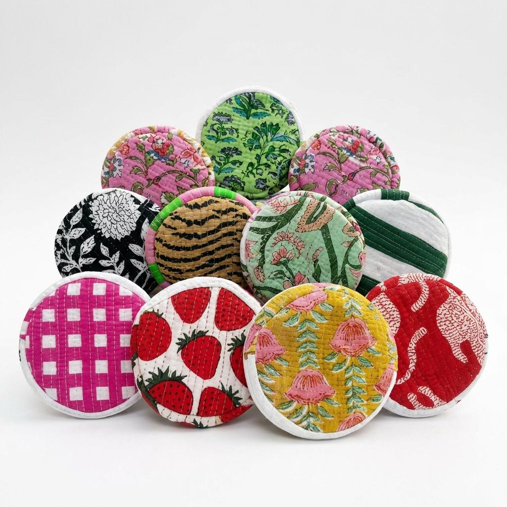 Assorted Round Quilted Cotton Coin Pouch, Scrap Fabric Zipper Purse, Mini Organizer