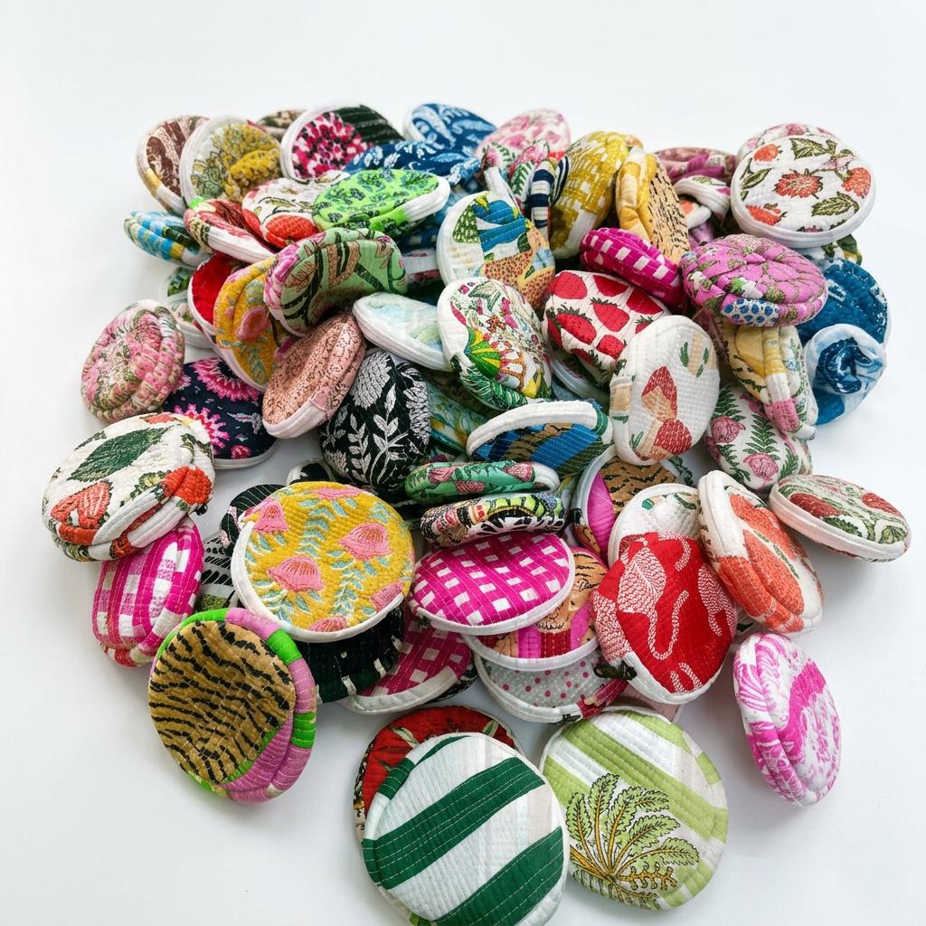 Assorted Round Quilted Cotton Coin Pouch, Scrap Fabric Zipper Purse, Mini Organizer