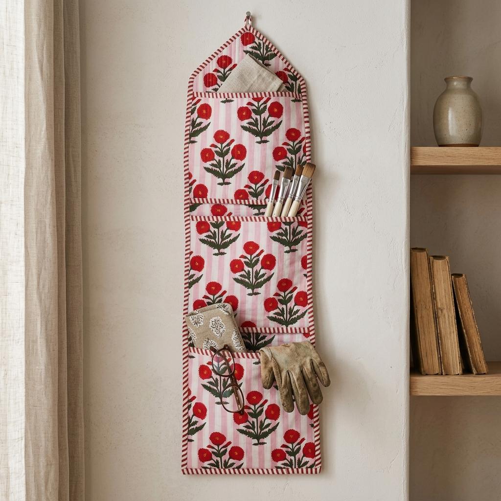Pink Striped Floral Quilted Cotton Wall Organizer, Hanging Pocket Storage Home Decor