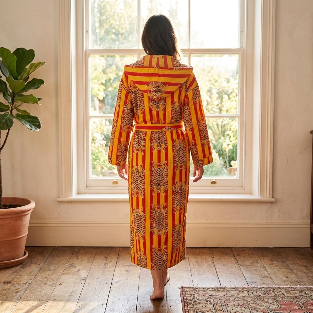 Yellow Tiger Cotton Hooded Bathrobe, Handcrafted Red Striped Loungewear Long Dressing Gown Kimono