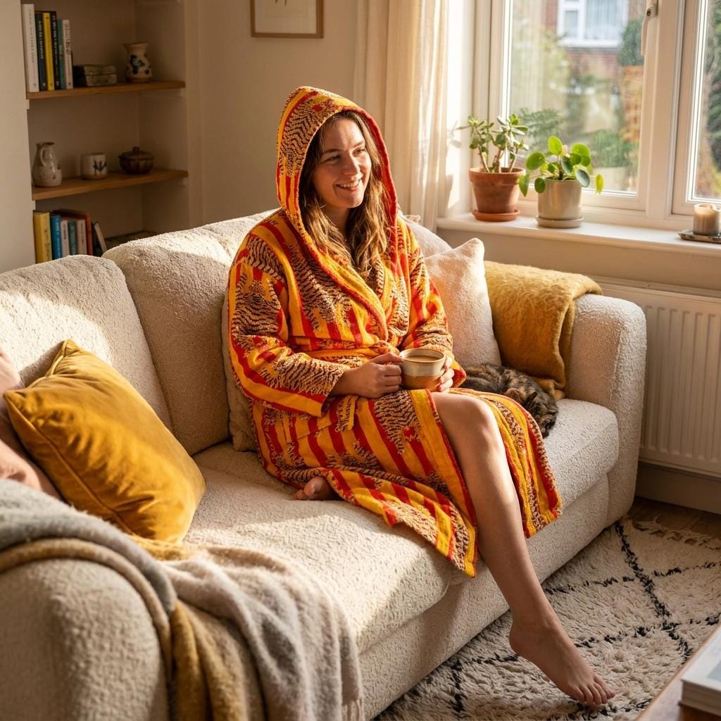 Yellow Tiger Cotton Hooded Bathrobe, Handcrafted Red Striped Loungewear Long Dressing Gown Kimono