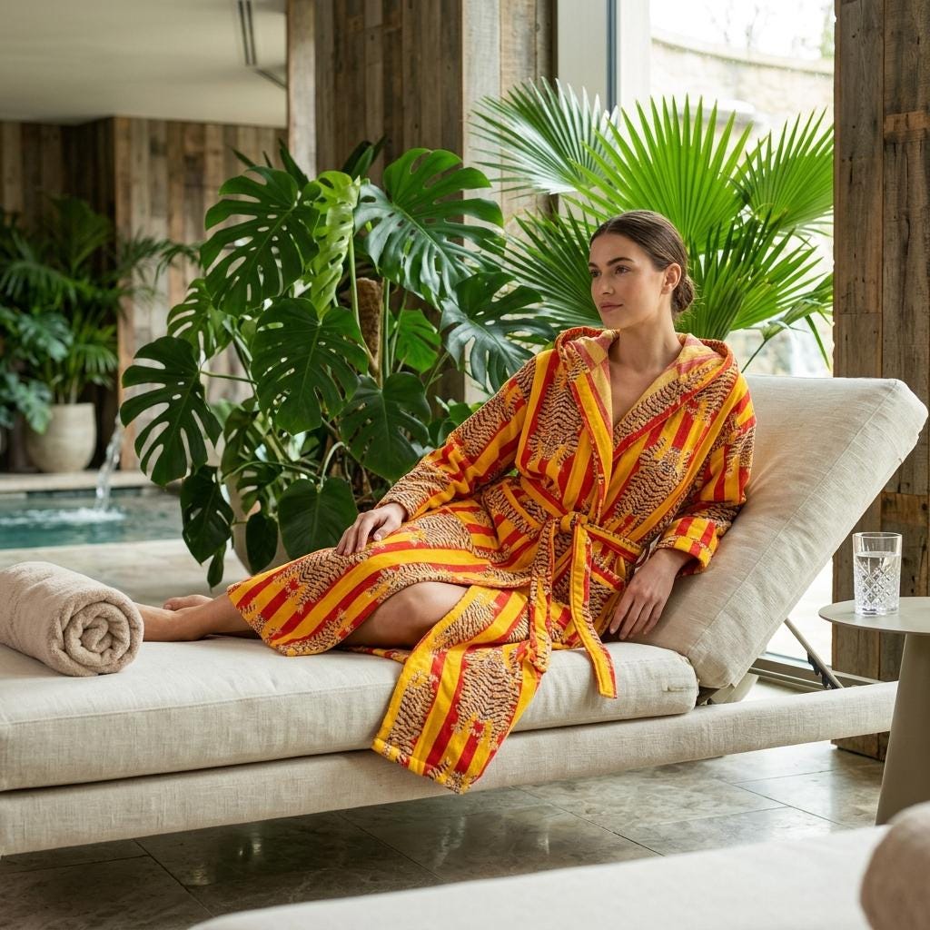 Yellow Tiger Cotton Hooded Bathrobe, Handcrafted Red Striped Loungewear Long Dressing Gown Kimono