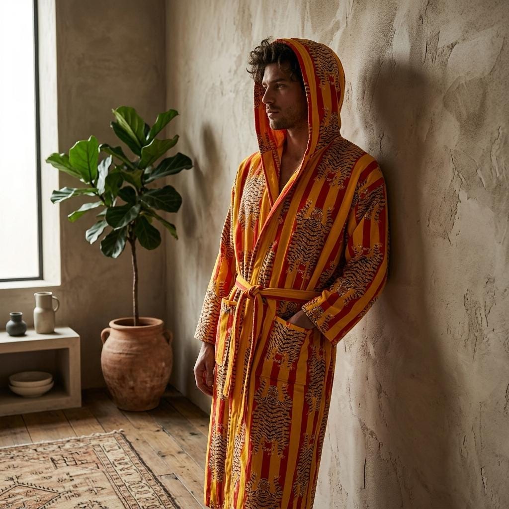 Yellow Tiger Cotton Hooded Bathrobe, Handcrafted Red Striped Loungewear Long Dressing Gown Kimono