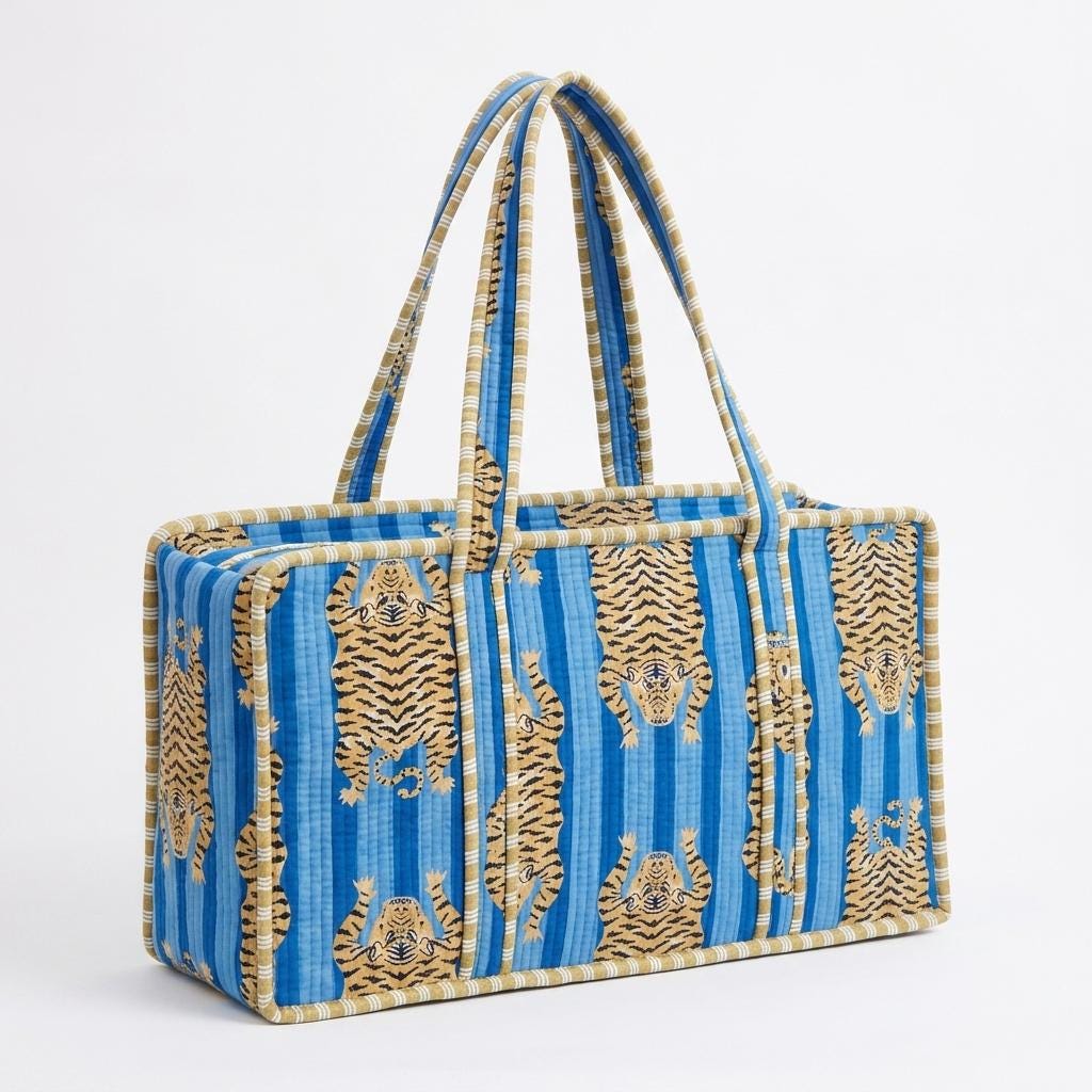 Handblock Printed Cotton Mahjong Bag, Blue Quilted Tile Carrier, Travel Storage Case, Game Organizer