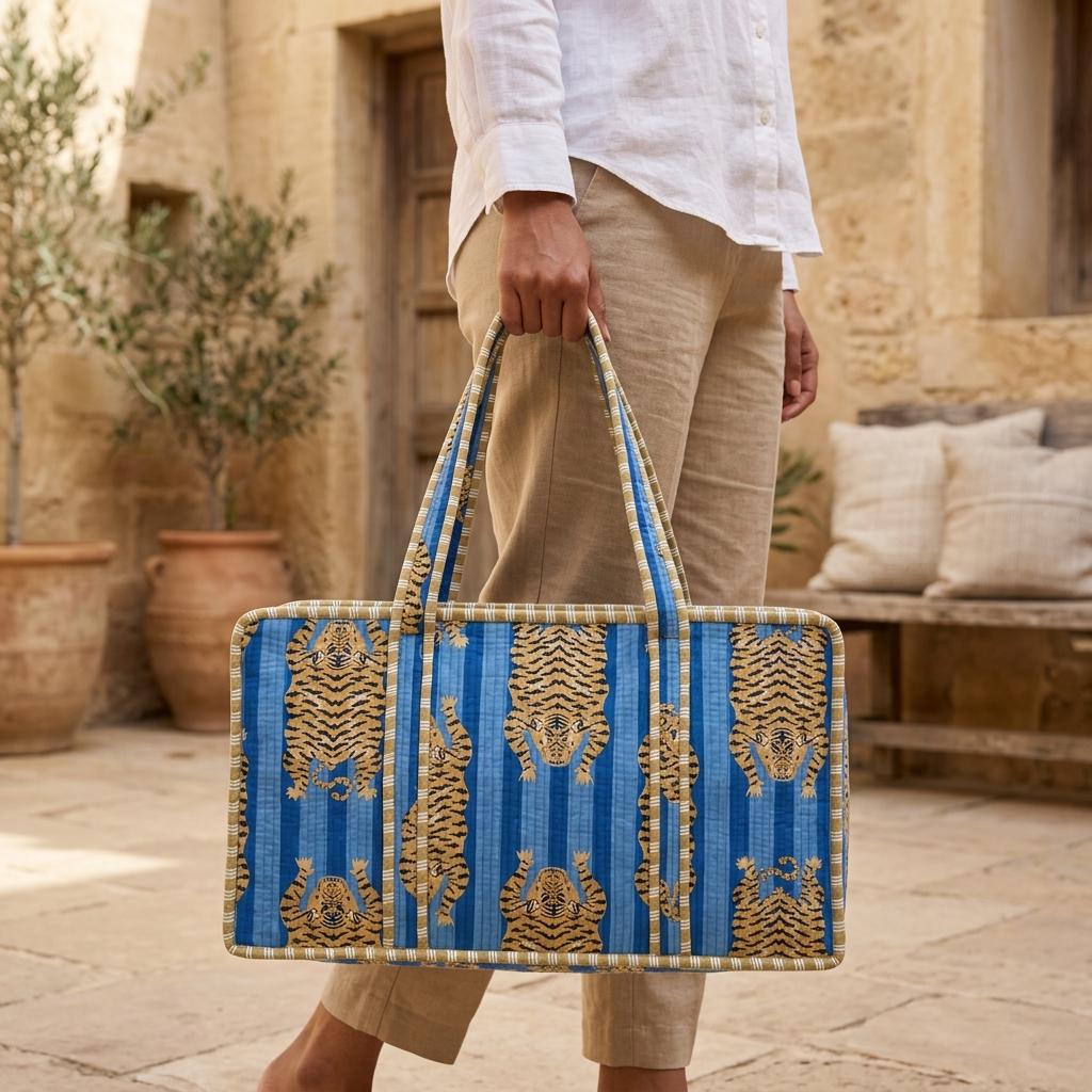 Handblock Printed Cotton Mahjong Bag, Blue Quilted Tile Carrier, Travel Storage Case, Game Organizer