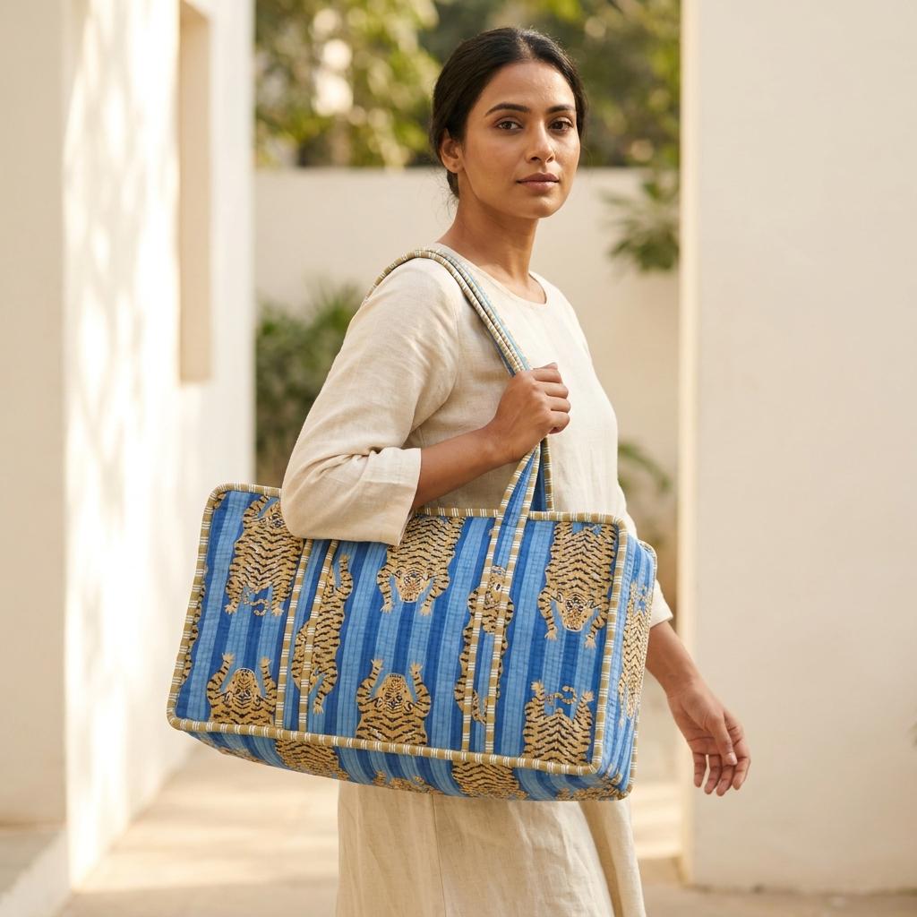 Handblock Printed Cotton Mahjong Bag, Blue Quilted Tile Carrier, Travel Storage Case, Game Organizer