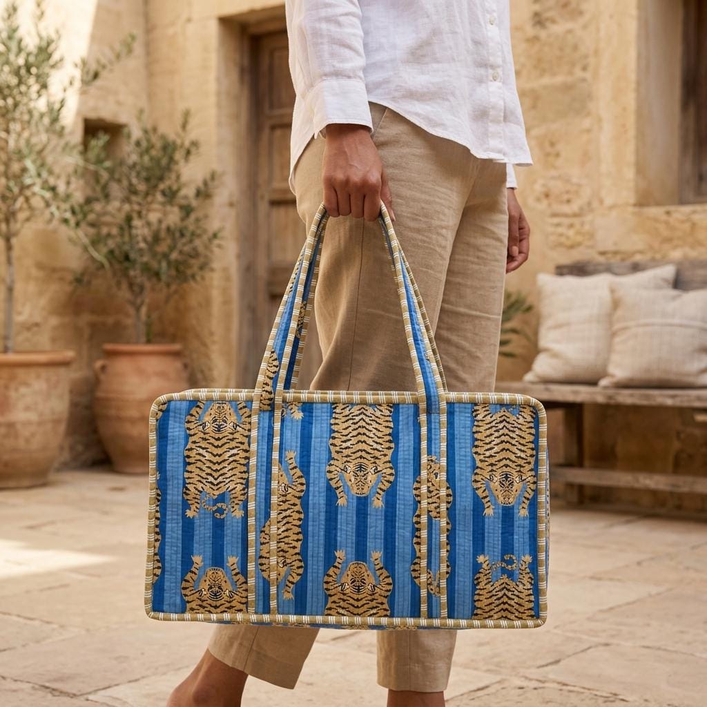 Handblock Printed Cotton Mahjong Bag, Blue Quilted Tile Carrier, Travel Storage Case, Game Organizer