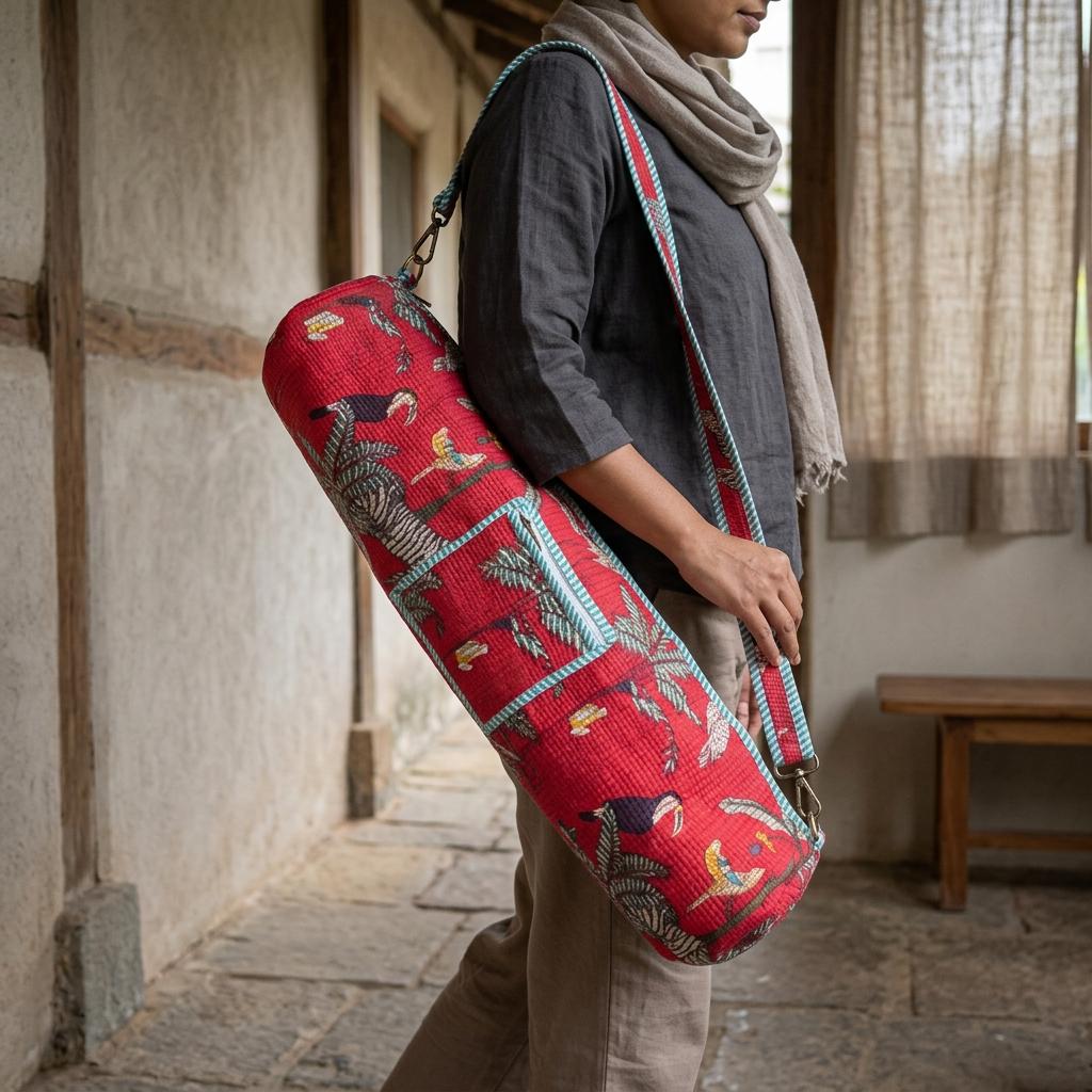 Quilted Cotton Yoga Mat Bag, Red Tropical Bird Print, Crossbody Sling Holder