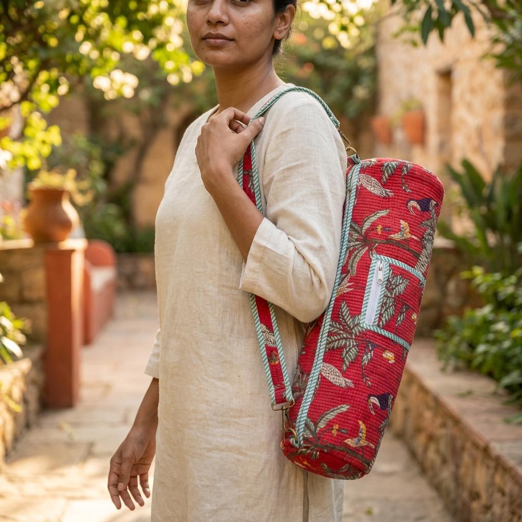 Quilted Cotton Yoga Mat Bag, Red Tropical Bird Print, Crossbody Sling Holder