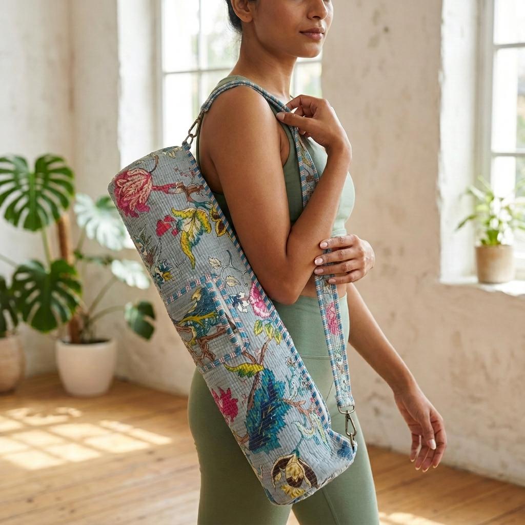 Handmade Quilted Cotton Yoga Mat Bag, Grey Floral Crossbody Sling Carrier (Zipper Pocket)