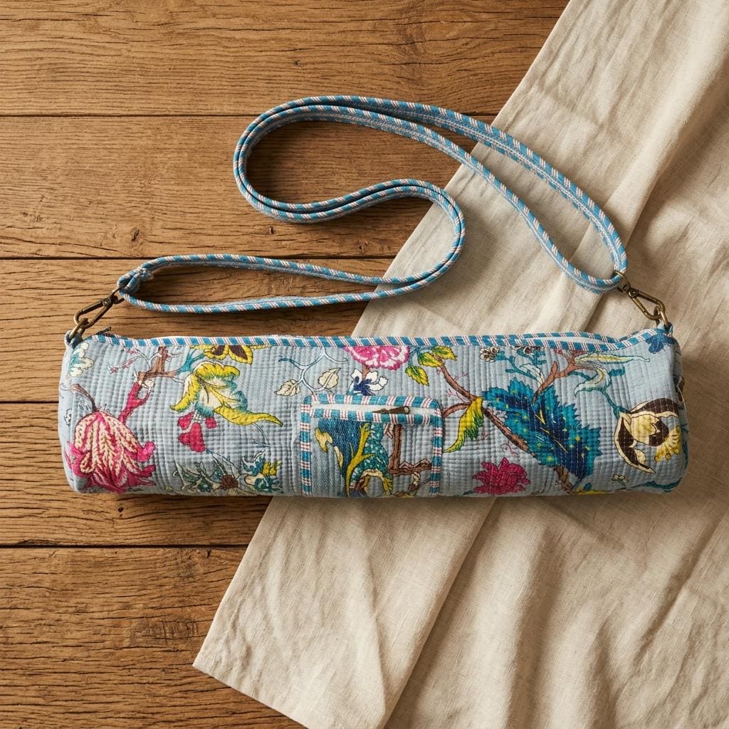 Handmade Quilted Cotton Yoga Mat Bag, Grey Floral Crossbody Sling Carrier (Zipper Pocket)