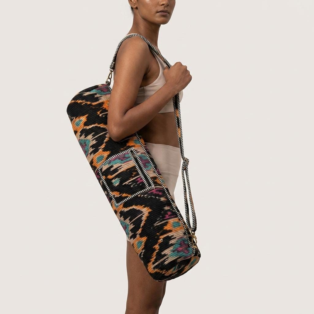 Quilted Cotton Black Ikat Print Yoga Mat Bag Handcrafted Crossbody Carrier Women