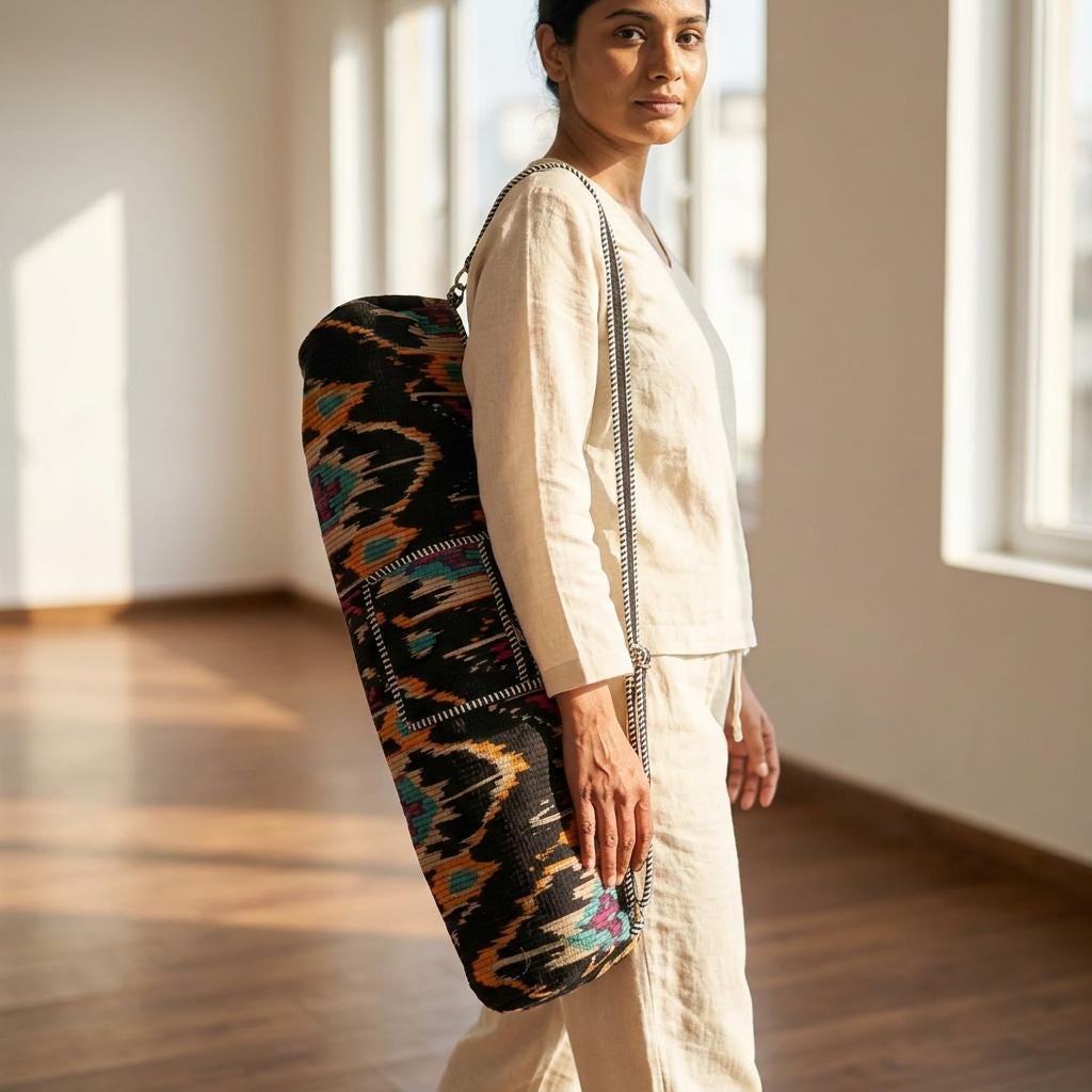 Quilted Cotton Black Ikat Print Yoga Mat Bag Handcrafted Crossbody Carrier Women