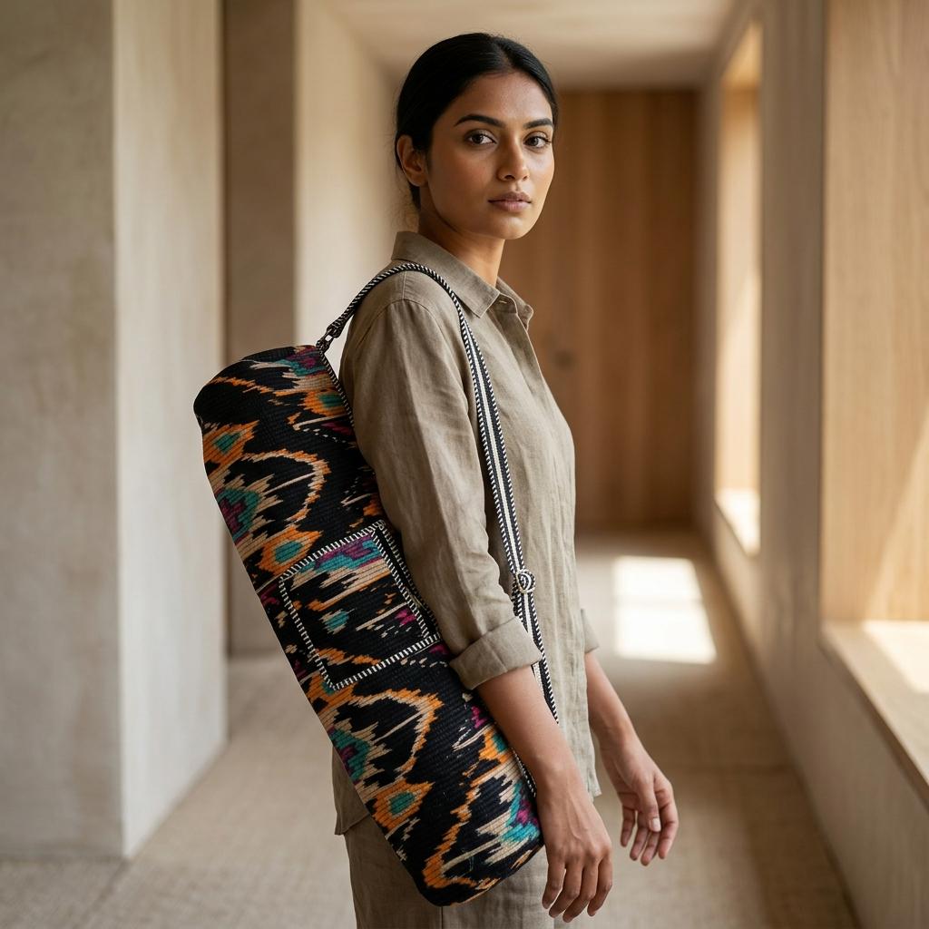 Quilted Cotton Black Ikat Print Yoga Mat Bag Handcrafted Crossbody Carrier Women