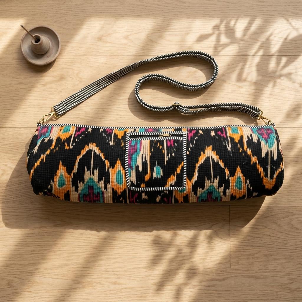 Quilted Cotton Black Ikat Print Yoga Mat Bag Handcrafted Crossbody Carrier Women