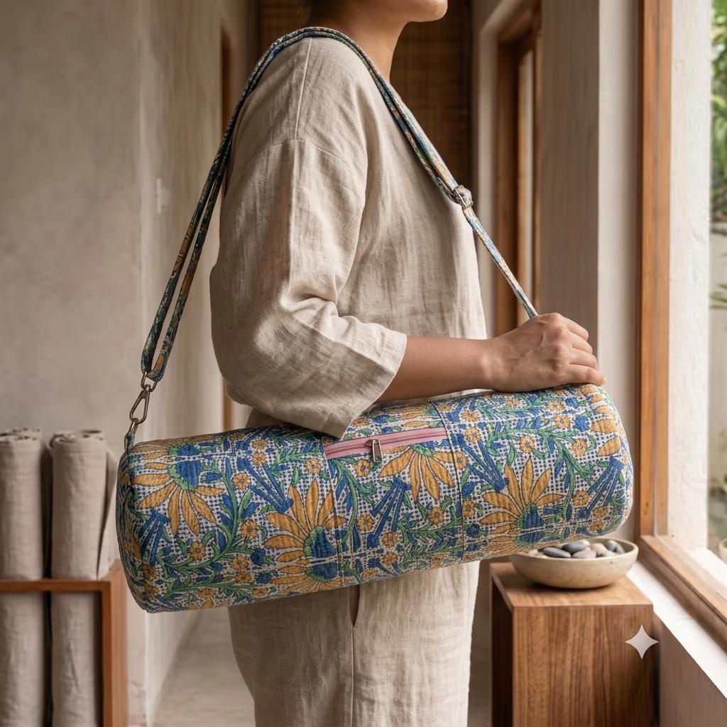 Quilted Cotton Blue Yellow Sunflower Yoga Mat Bag Handcrafted Crossbody Carrier Women