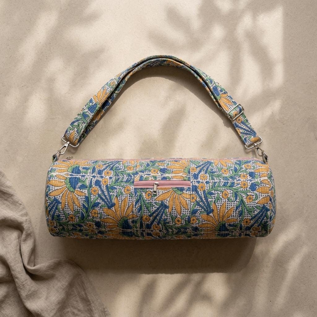 Quilted Cotton Blue Yellow Sunflower Yoga Mat Bag Handcrafted Crossbody Carrier Women