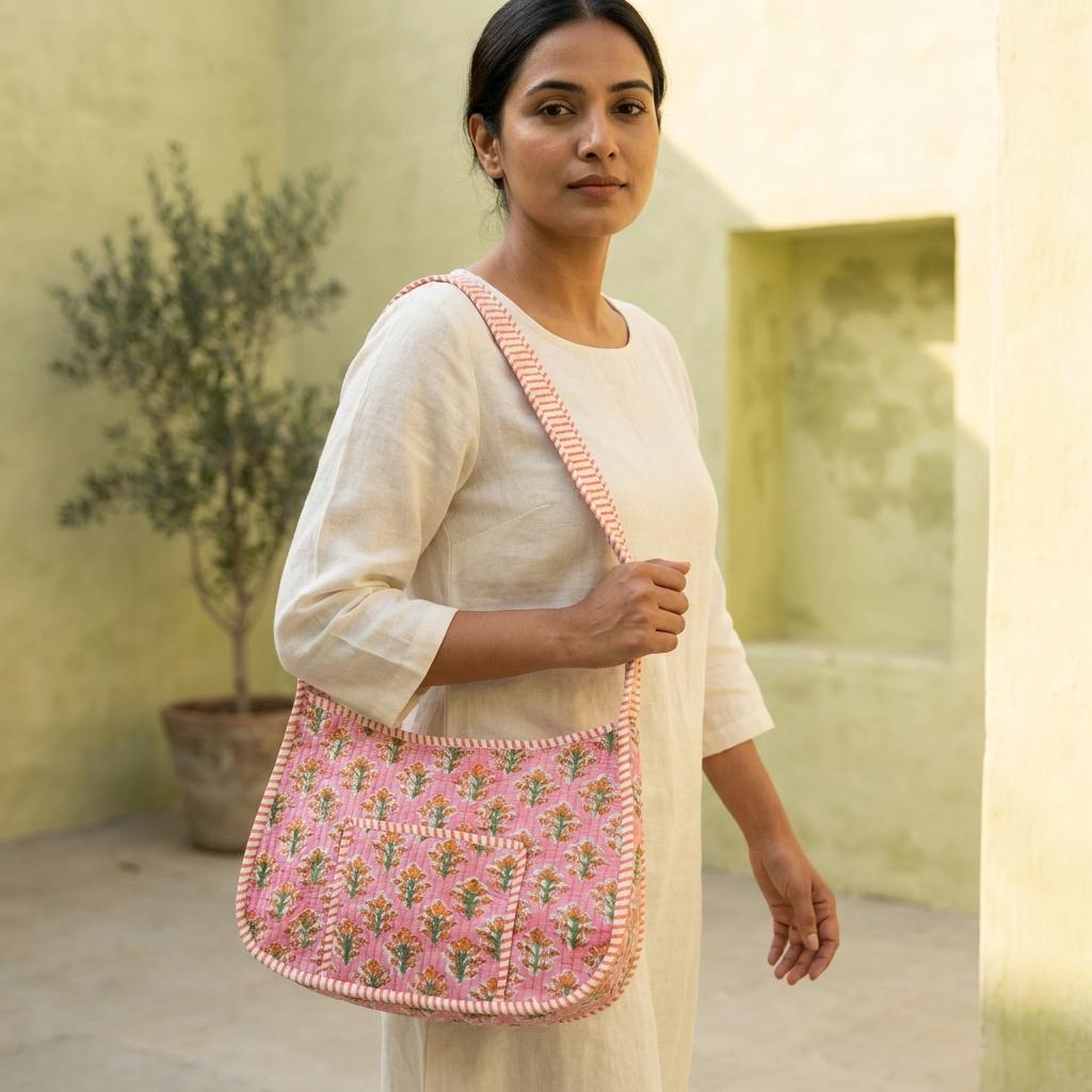 Pink Floral Quilted Cotton Shoulder Bag, Handcrafted Marigold Everyday Hobo Tote Summer Handbag