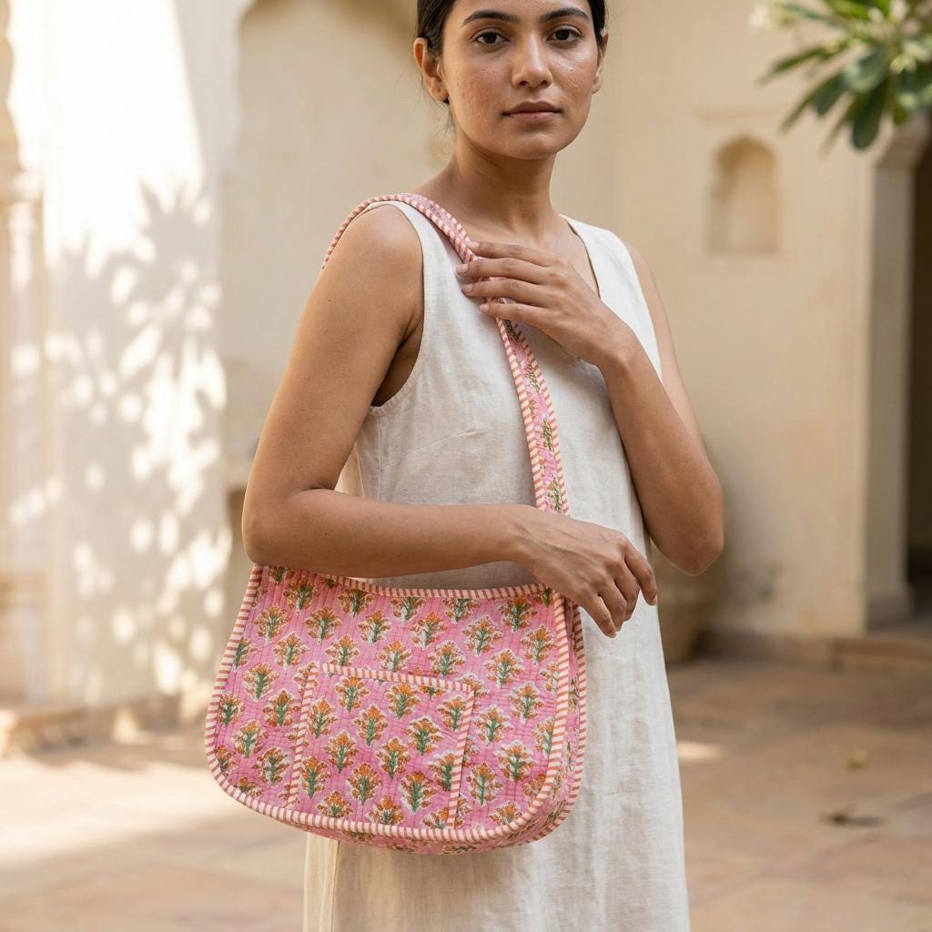 Pink Floral Quilted Cotton Shoulder Bag, Handcrafted Marigold Everyday Hobo Tote Summer Handbag