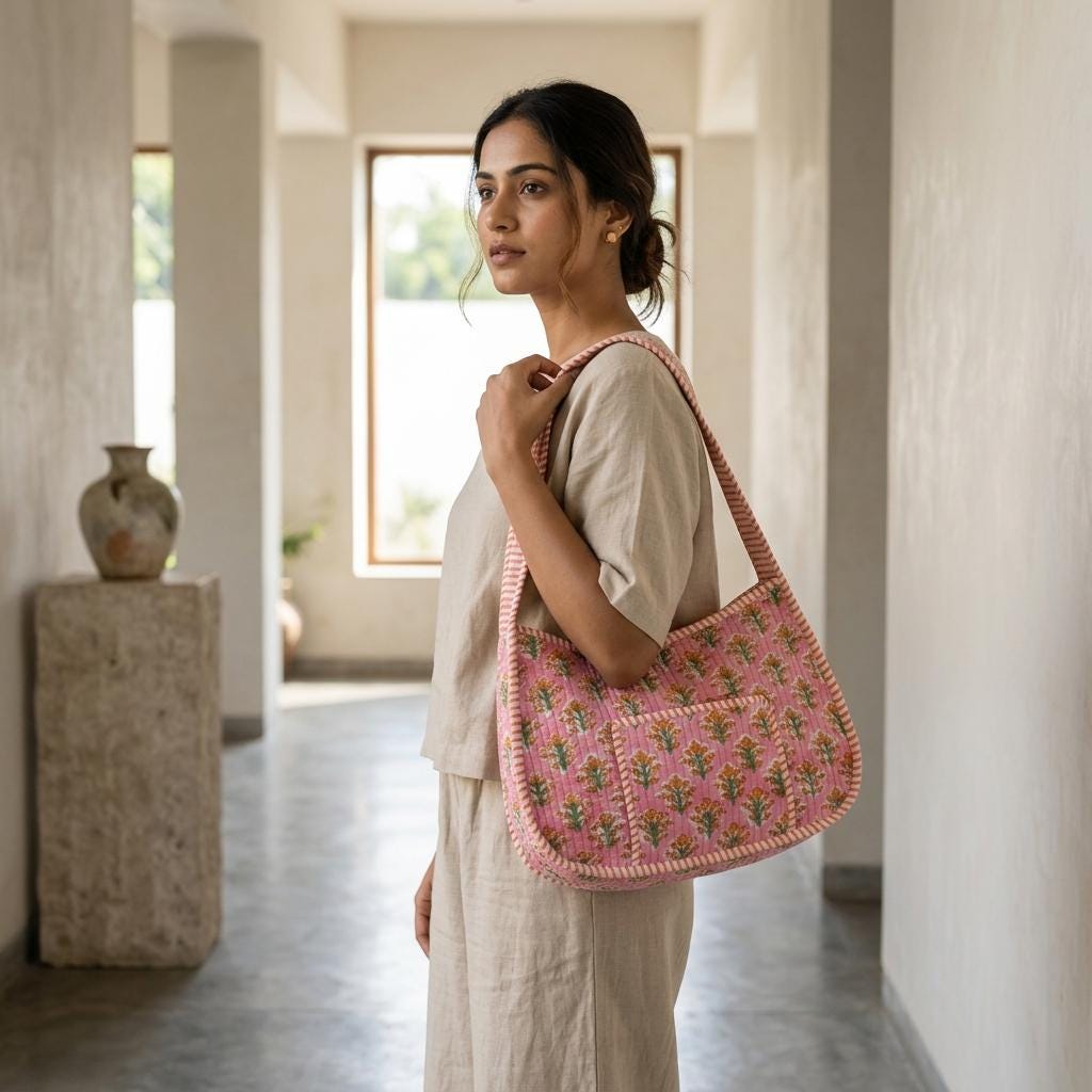 Pink Floral Quilted Cotton Shoulder Bag, Handcrafted Marigold Everyday Hobo Tote Summer Handbag