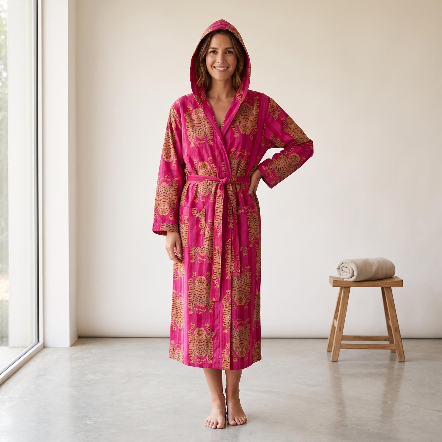 Pink Tiger Cotton Hooded Bathrobe, Handcrafted Striped Loungewear Long Dressing Gown Kimono Sleepwear