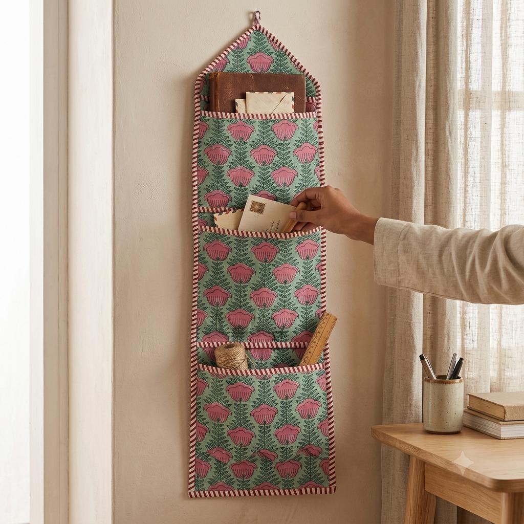 Handmade Quilted Cotton Wall Organizer, Green Floral Pocket Holder, Hanging Mail Storage, Home Decor