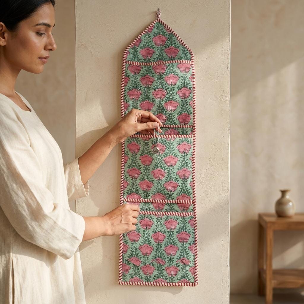 Handmade Quilted Cotton Wall Organizer, Green Floral Pocket Holder, Hanging Mail Storage, Home Decor