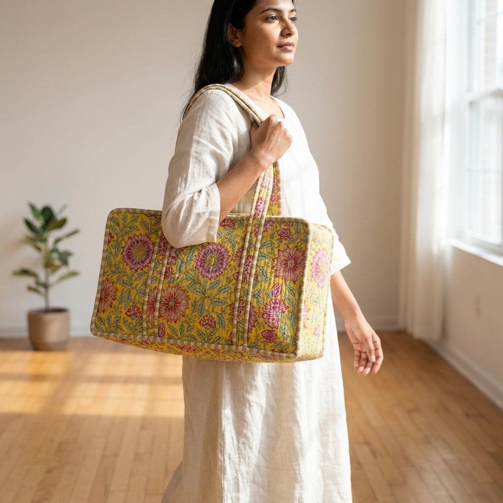 Handmade Quilted Cotton Mahjong Bag, Yellow Floral Tile Carrier, Game Night Tote