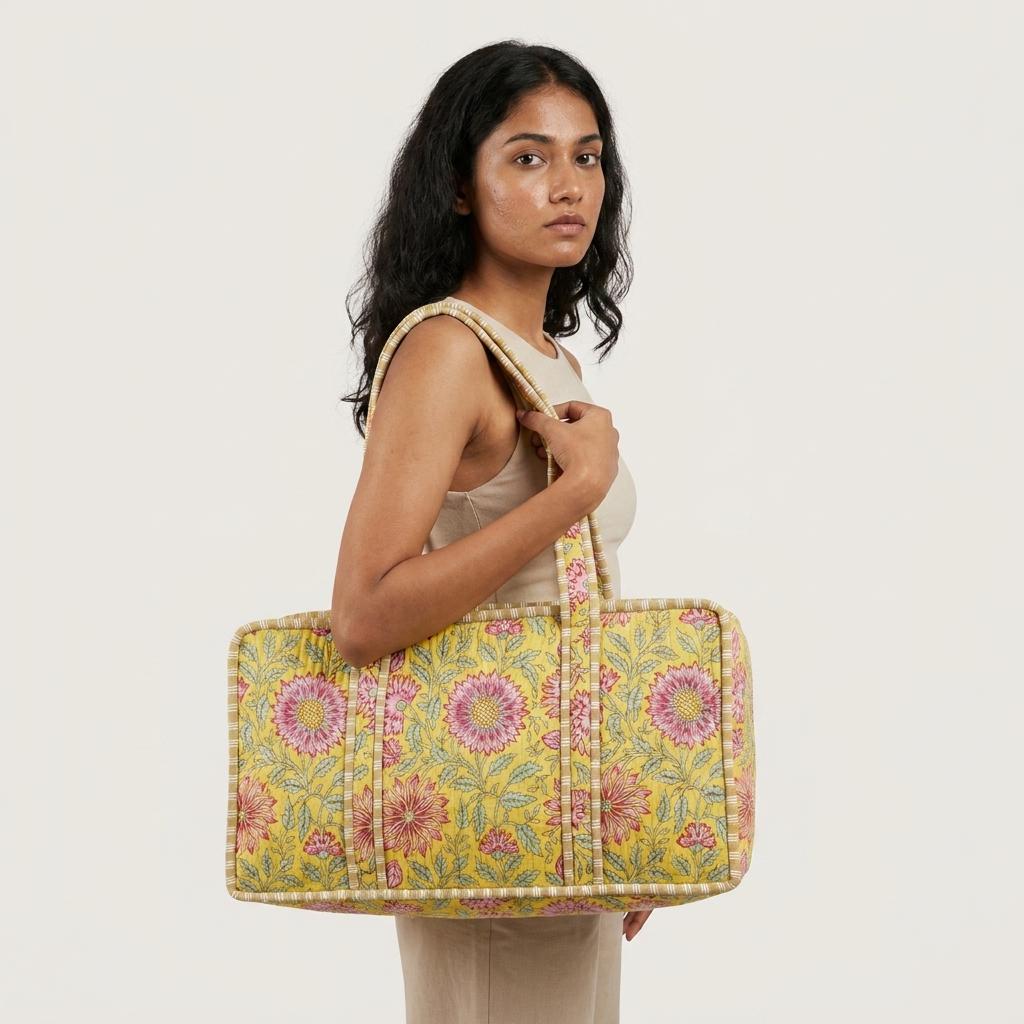 Handmade Quilted Cotton Mahjong Bag, Yellow Floral Tile Carrier, Game Night Tote