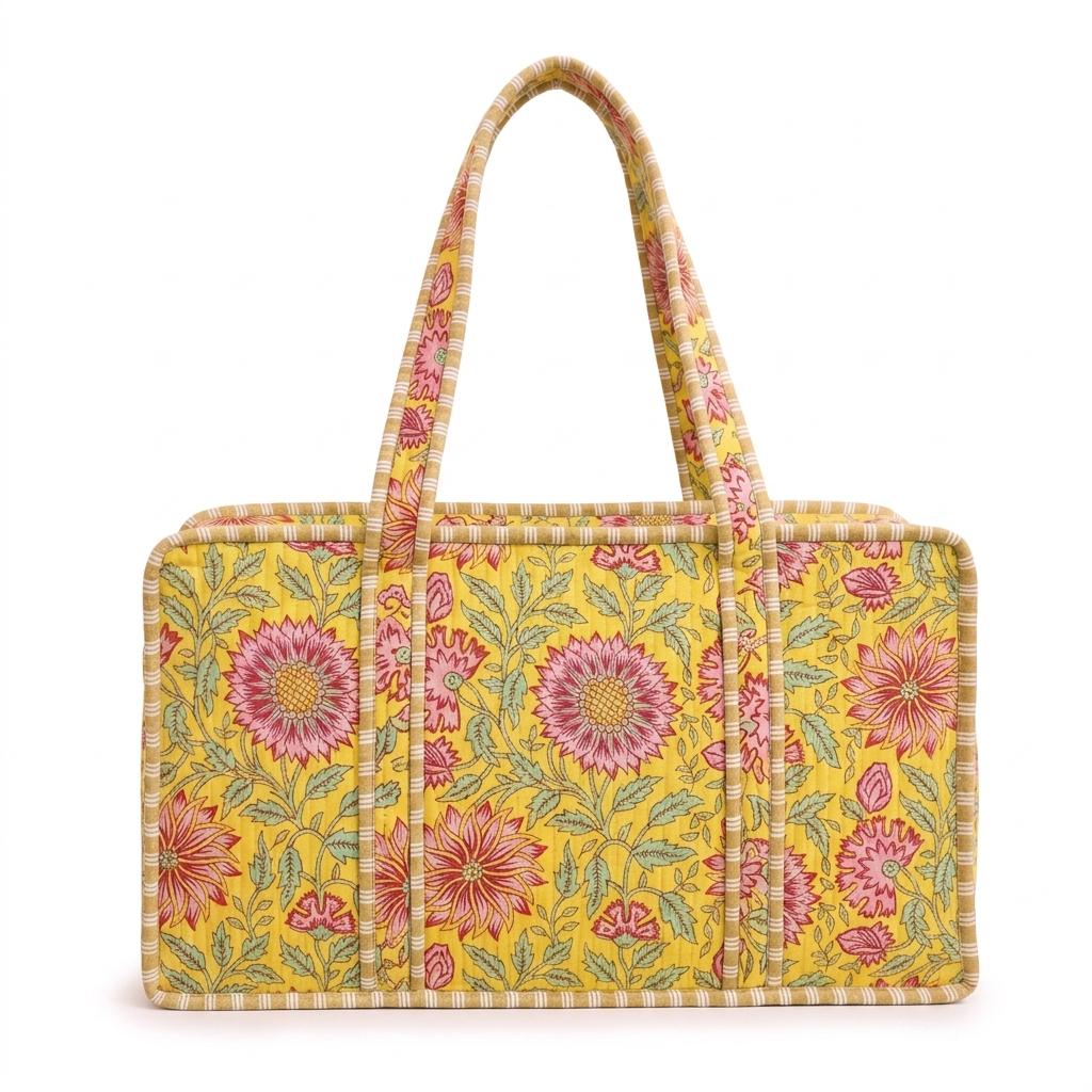 Handmade Quilted Cotton Mahjong Bag, Yellow Floral Tile Carrier, Game Night Tote