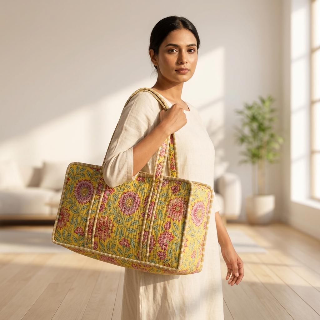 Handmade Quilted Cotton Mahjong Bag, Yellow Floral Tile Carrier, Game Night Tote