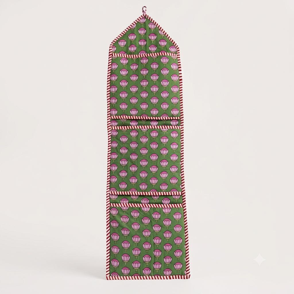 Handmade Quilted Cotton Hanging Wall Organizer Green Pink Lotus Floral Pocket Storage Hanger