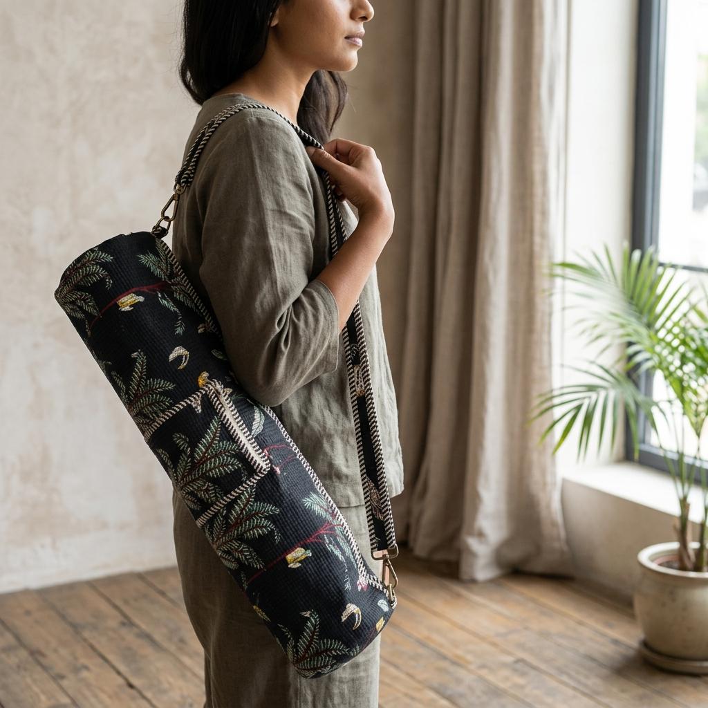 Quilted Cotton Yoga Mat Bag, Navy Tropical Bird Print, Crossbody Sling Carrier