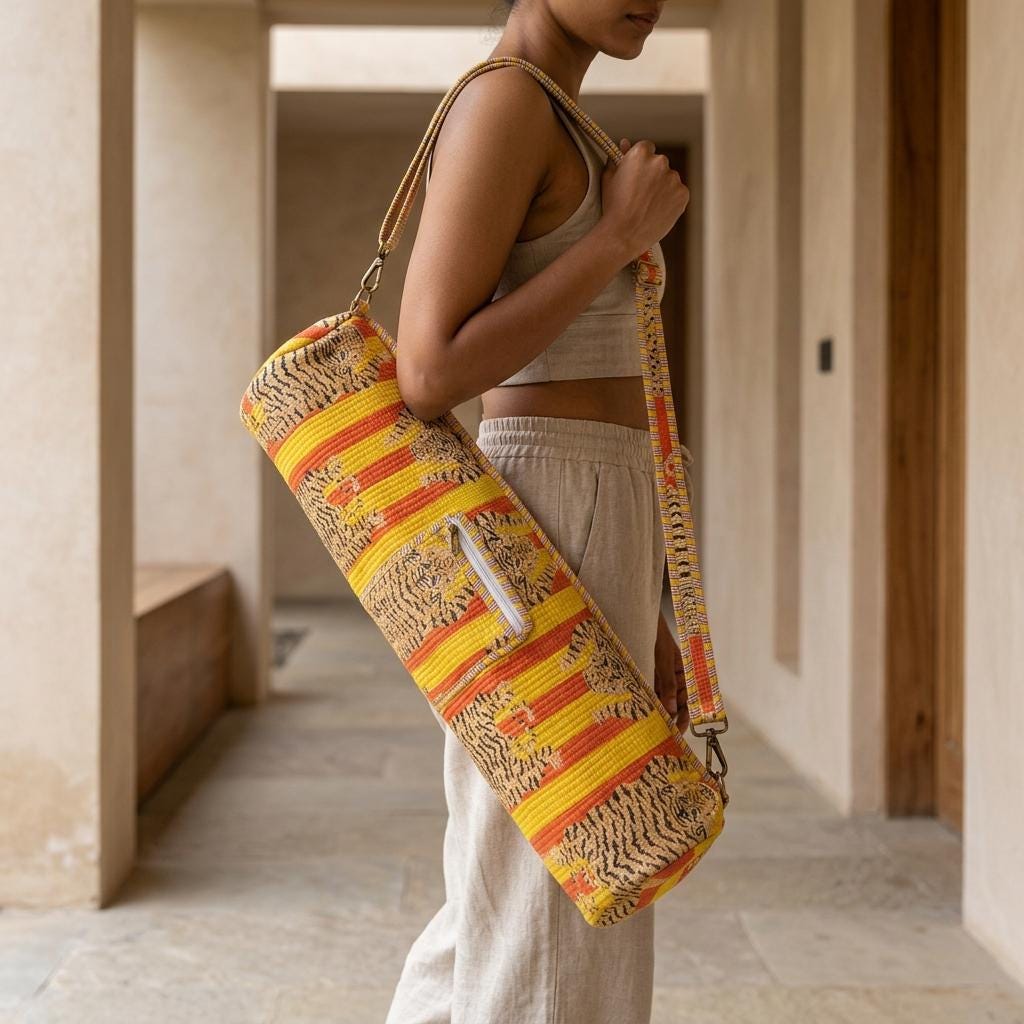 Quilted Cotton Yoga Mat Bag, Yellow Tiger Stripe Carrier, Crossbody Sling, Zipper Pocket