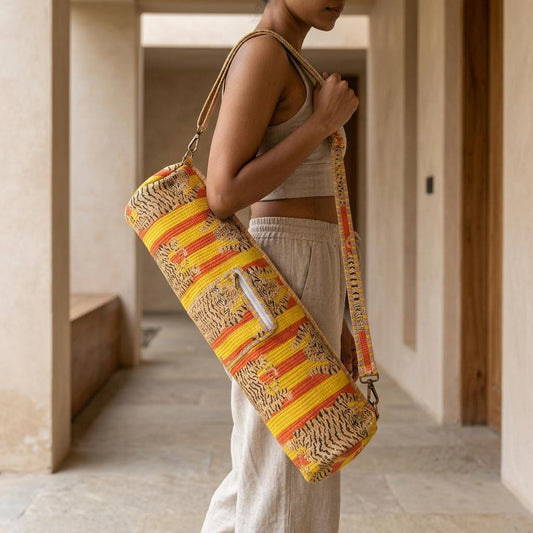 Quilted Cotton Yoga Mat Bag, Yellow Tiger Stripe Carrier, Crossbody Sling, Zipper Pocket
