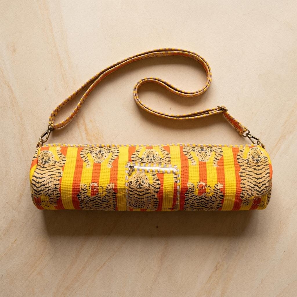 Quilted Cotton Yoga Mat Bag, Yellow Tiger Stripe Carrier, Crossbody Sling, Zipper Pocket