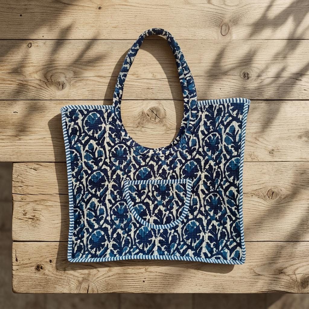 Handmade Quilted Cotton Tote Bag, Indigo Blue Floral Carryall, Shoulder Shopper, Travel Pocket Purse