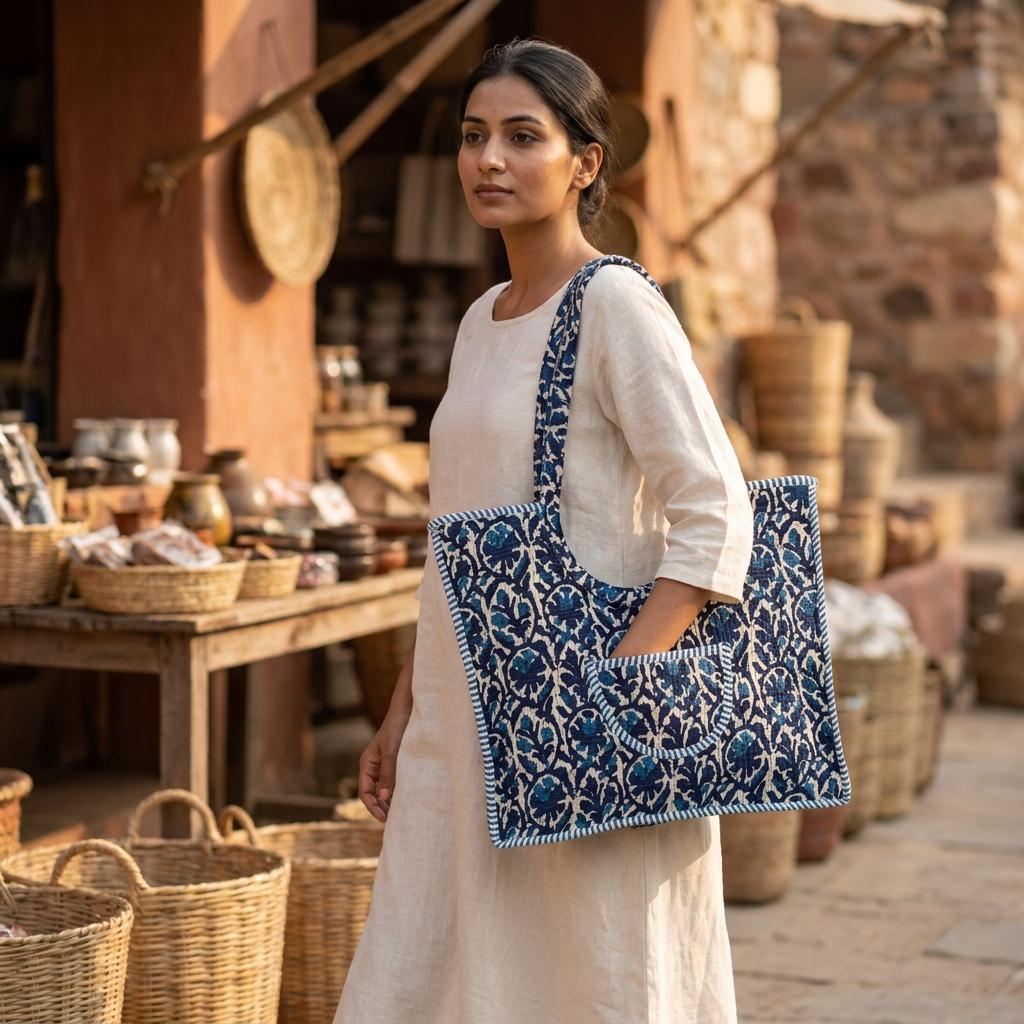 Handmade Quilted Cotton Tote Bag, Indigo Blue Floral Carryall, Shoulder Shopper, Travel Pocket Purse