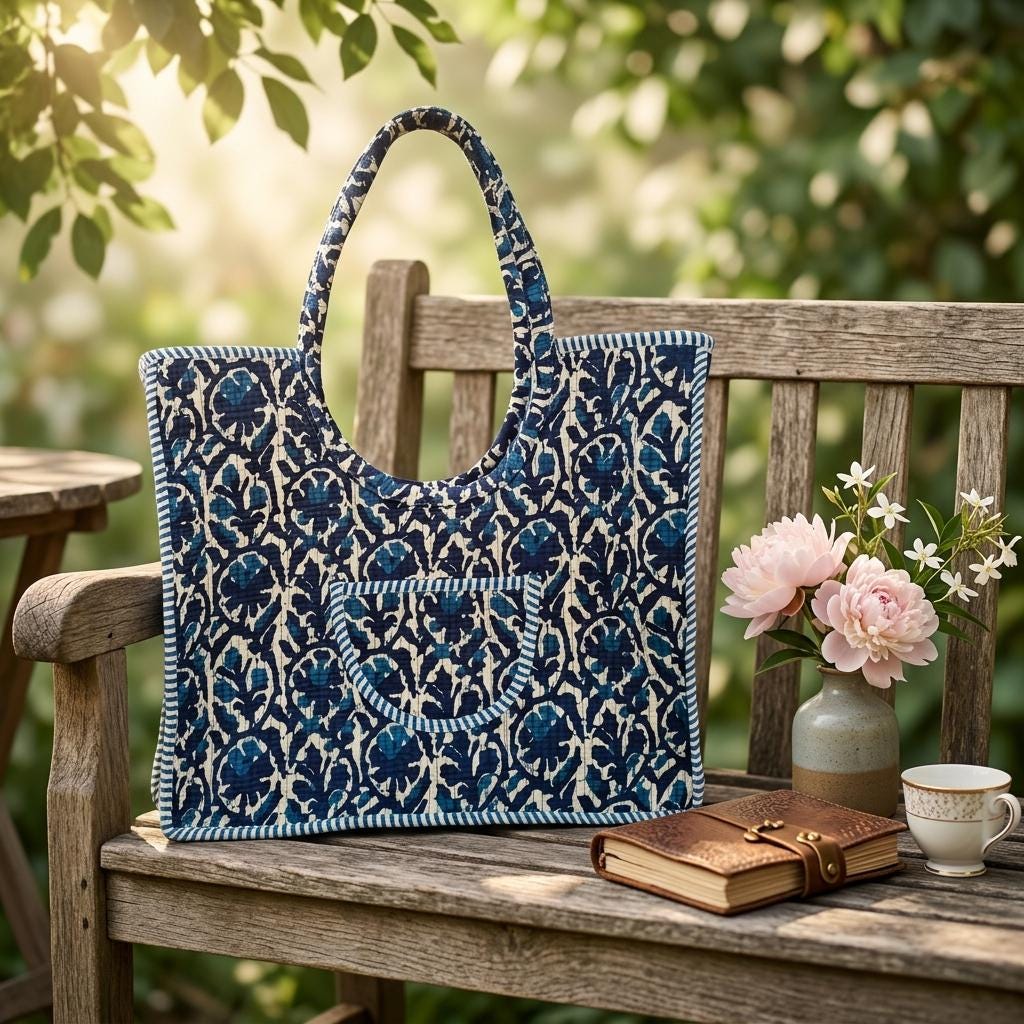 Handmade Quilted Cotton Tote Bag, Indigo Blue Floral Carryall, Shoulder Shopper, Travel Pocket Purse