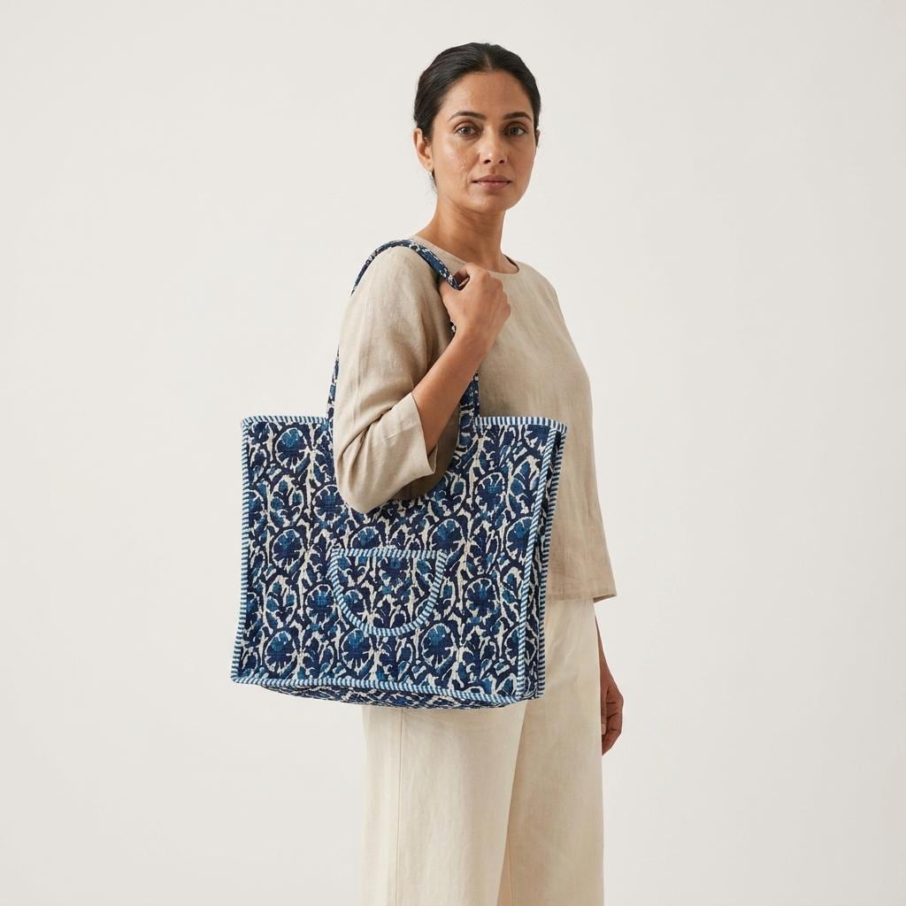 Handmade Quilted Cotton Tote Bag, Indigo Blue Floral Carryall, Shoulder Shopper, Travel Pocket Purse