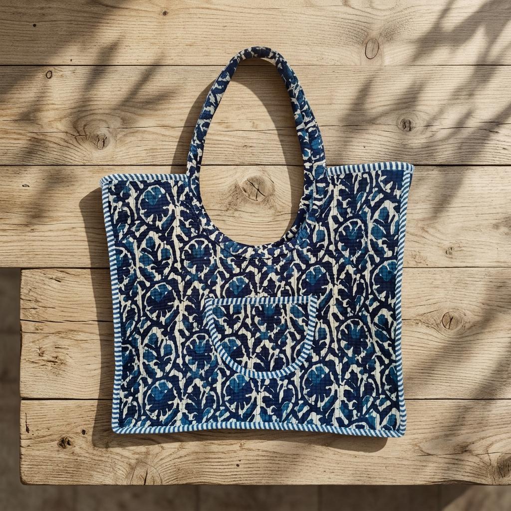Handmade Quilted Cotton Tote Bag, Indigo Blue Floral Carryall, Shoulder Shopper, Travel Pocket Purse