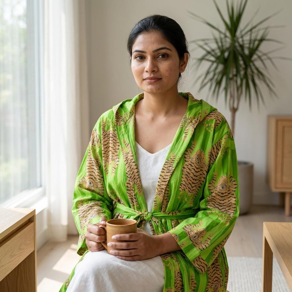 Green Tiger Cotton Hooded Bathrobe, Handcrafted Striped Loungewear Long Dressing Gown Kimono Sleepwear