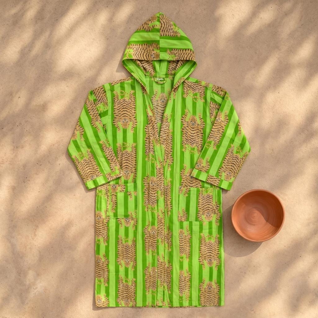 Green Tiger Cotton Hooded Bathrobe, Handcrafted Striped Loungewear Long Dressing Gown Kimono Sleepwear