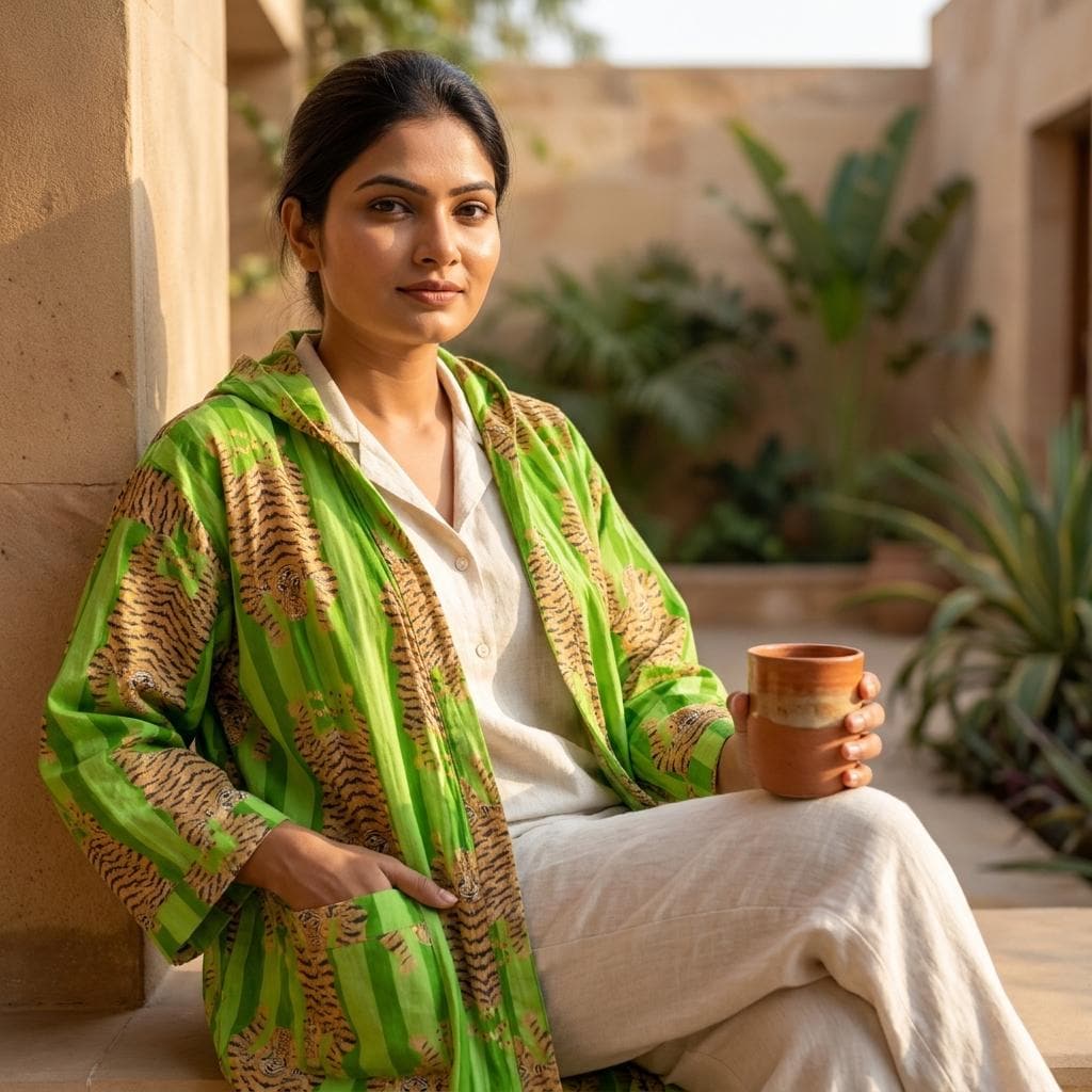 Green Tiger Cotton Hooded Bathrobe, Handcrafted Striped Loungewear Long Dressing Gown Kimono Sleepwear