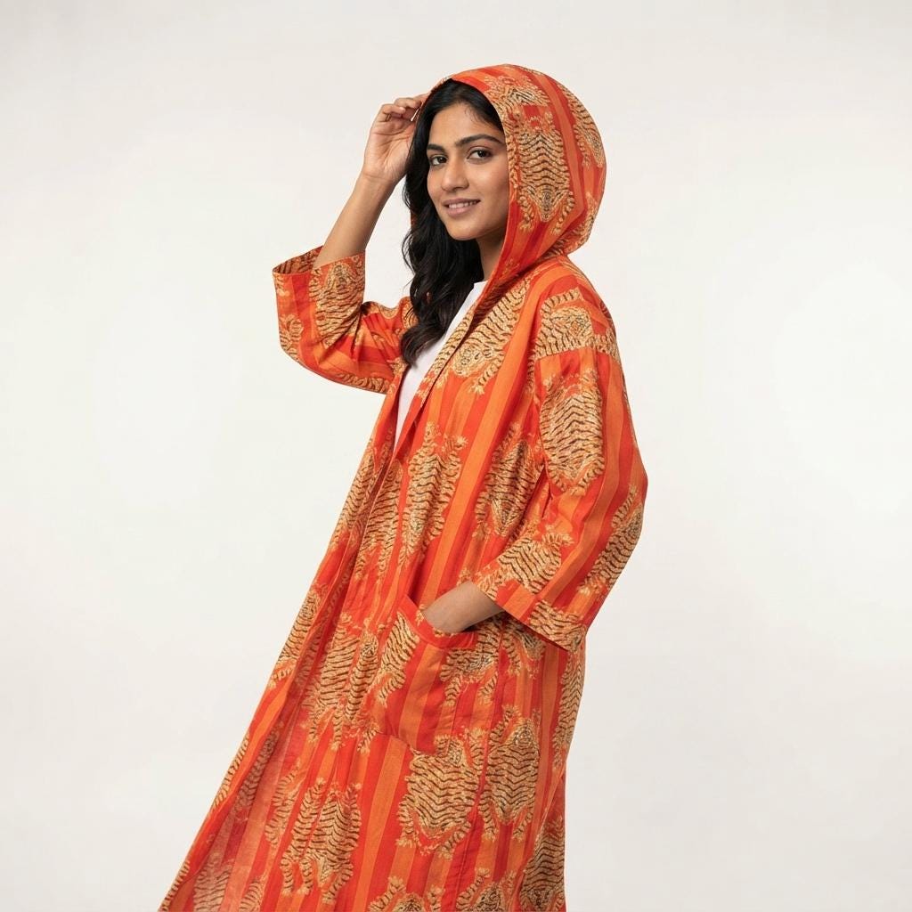 Orange Tiger Cotton Hooded Bathrobe, Handcrafted Striped Loungewear Long Dressing Gown Kimono Sleepwear