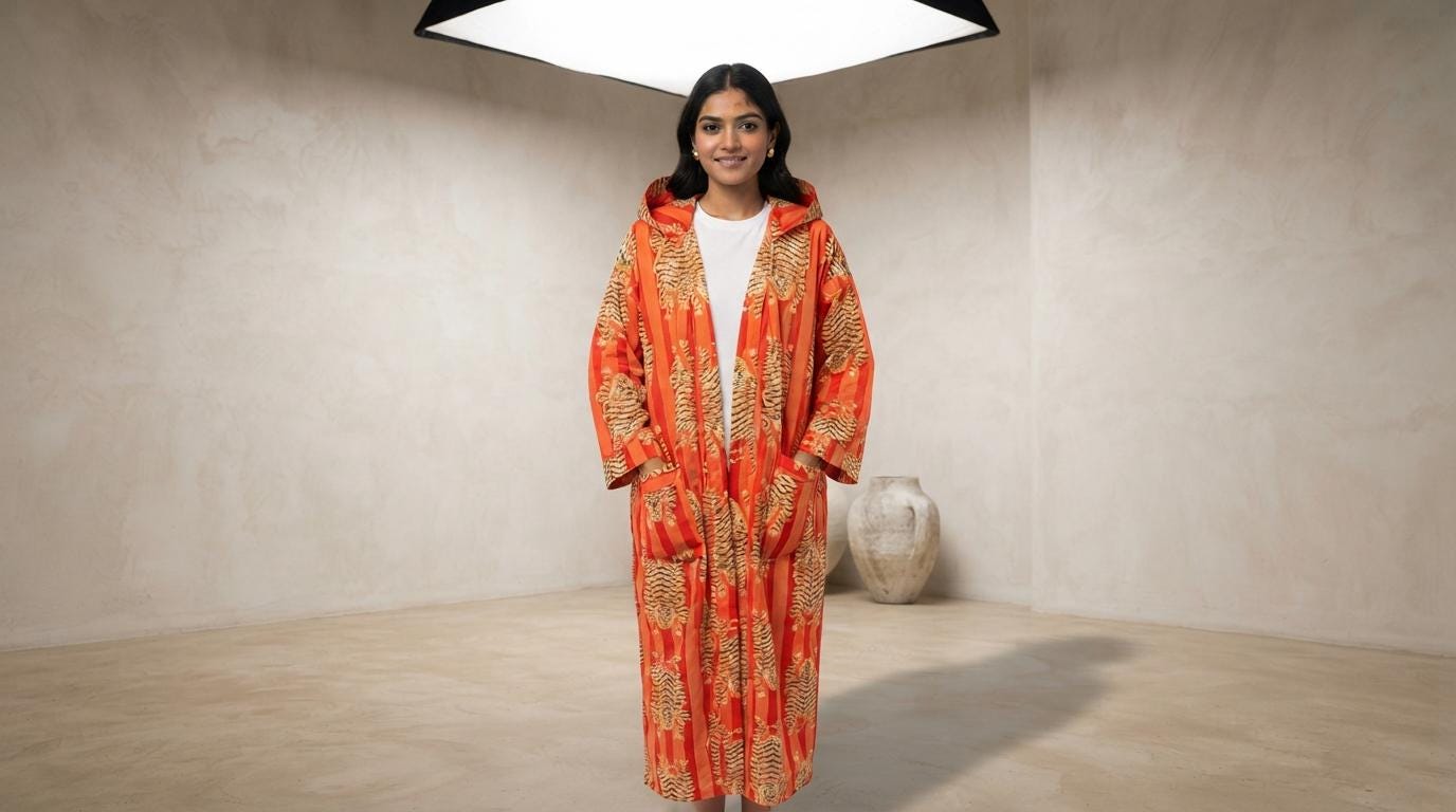 Orange Tiger Cotton Hooded Bathrobe, Handcrafted Striped Loungewear Long Dressing Gown Kimono Sleepwear
