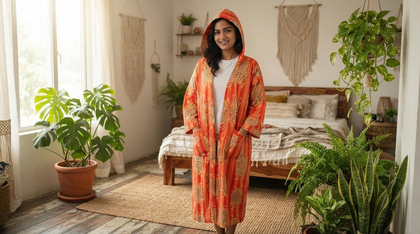 Orange Tiger Cotton Hooded Bathrobe, Handcrafted Striped Loungewear Long Dressing Gown Kimono Sleepwear
