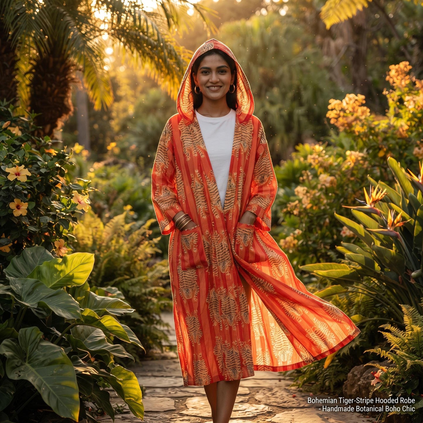 Orange Tiger Cotton Hooded Bathrobe, Handcrafted Striped Loungewear Long Dressing Gown Kimono Sleepwear