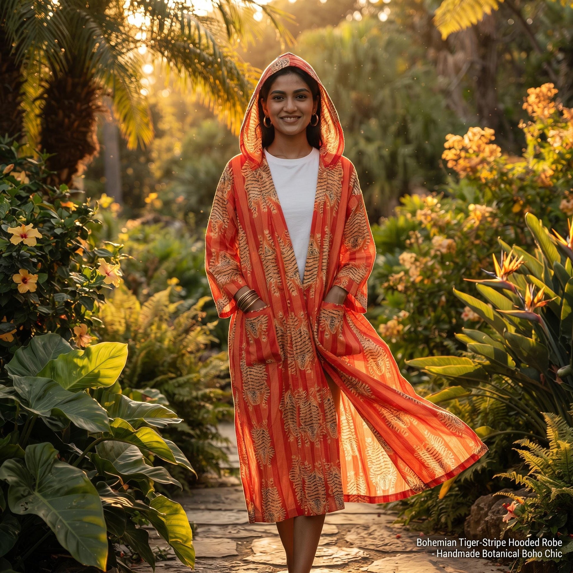 Orange Tiger Cotton Hooded Bathrobe, Handcrafted Striped Loungewear Long Dressing Gown Kimono Sleepwear